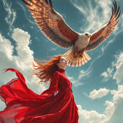 The primary subject of the image is a woman wearing a red dress, standing in front of a bird. The bird is flying in the sky, and the woman appears to be looking up at it. The setting is a cloudy sky, and the visual style is a digital art or illustration. The colors in the image are predominantly red and blue, creating a dramatic and captivating atmosphere.